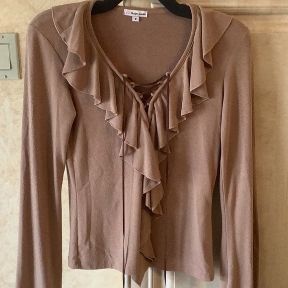 JT Design Studio Tops - Sexy Tan Ruffled Top Brown Laced Front + Bell Long Sleeves Size M